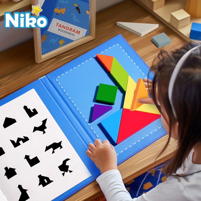 NIKO Magnetic Geometric Tangram Early Educational Toys Jigsaw Puzzle Wooden Toy Montessori Toys Board Game For Kids Gifts