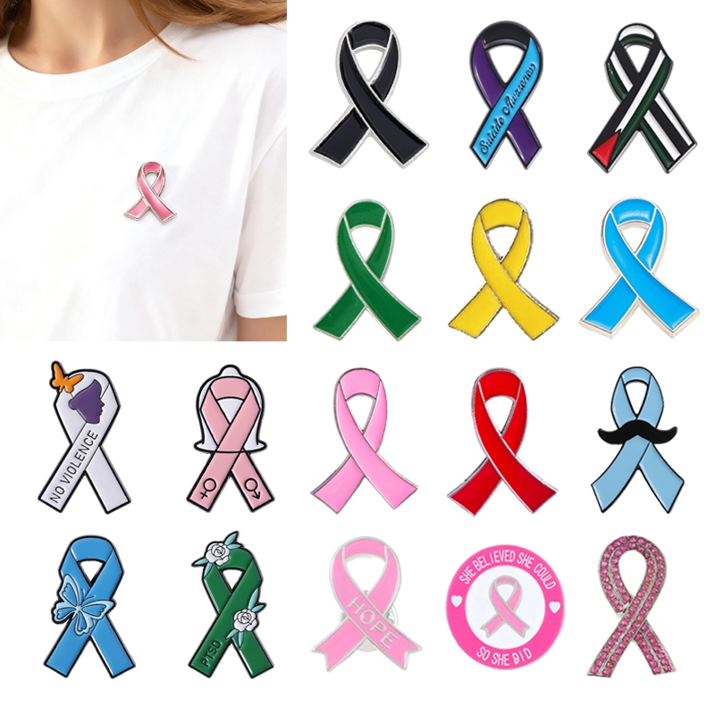 Pink Red Purple Black Ribbon Lapel Brooch Breast Cancer AIDS Awareness Badge Public Welfare Symbol Pin Clothing Bag Accessories Jewelry Gifts