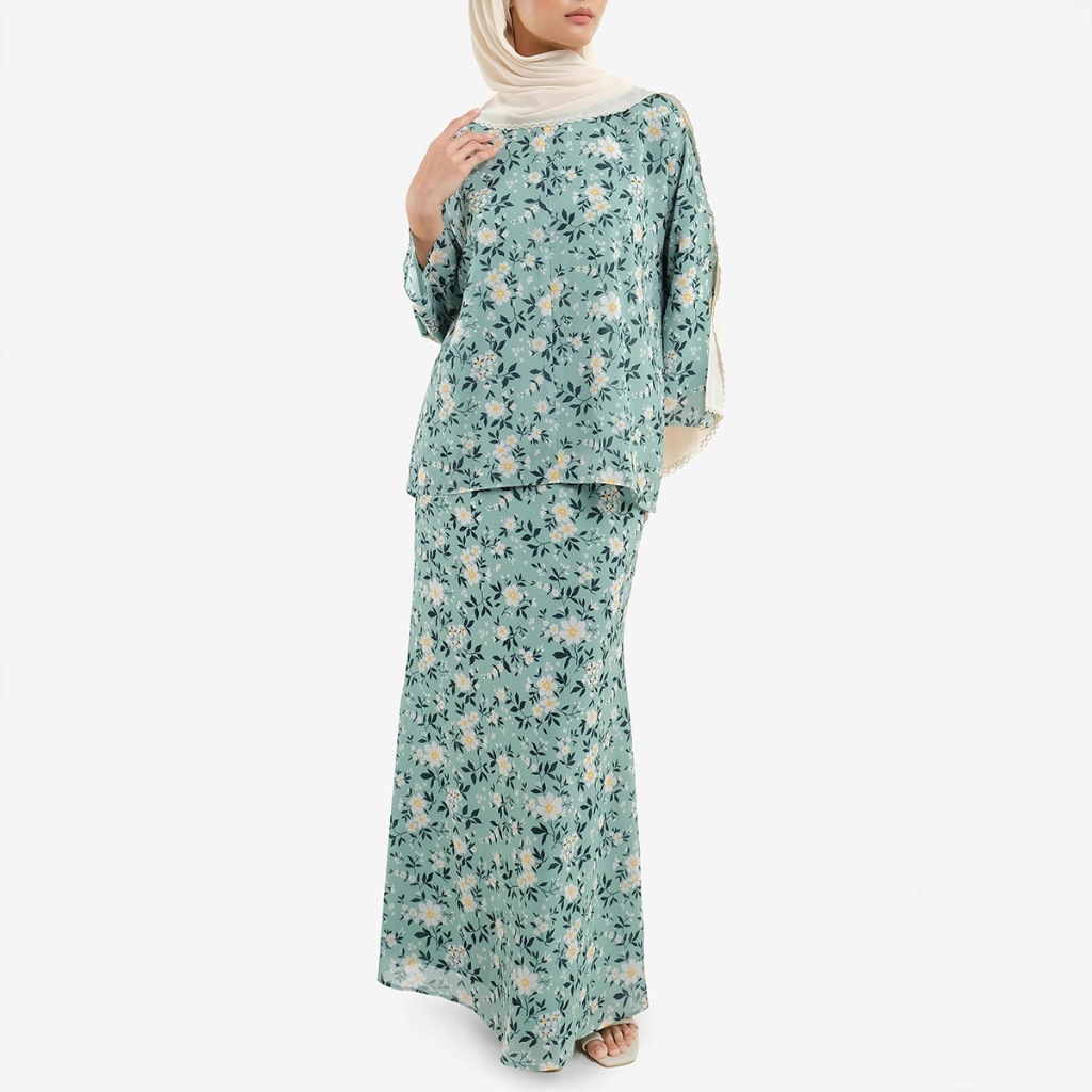 GDTIMA NEW Baju Kurung Women Modern Flower Set Kecil Raya Muslimah Ironless Clothing Green Set