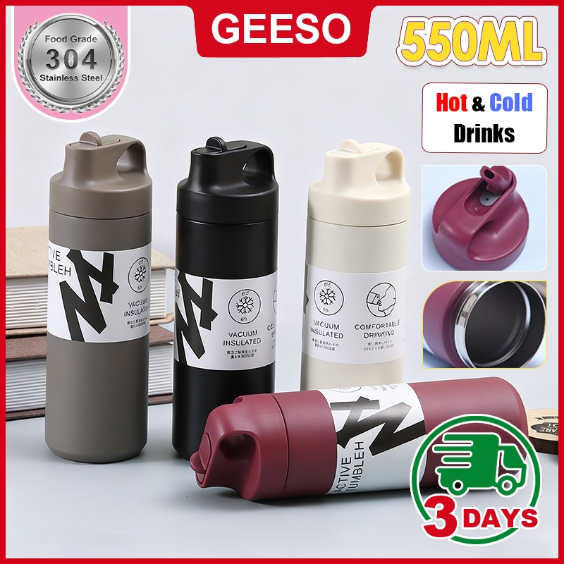 GEESO Sport Tumbler Japanese Style Nozzle Thermos Vacuum Flask Mug 550ml Portable 304 Stainless Steel Bottle with Straw 吸嘴式保温杯