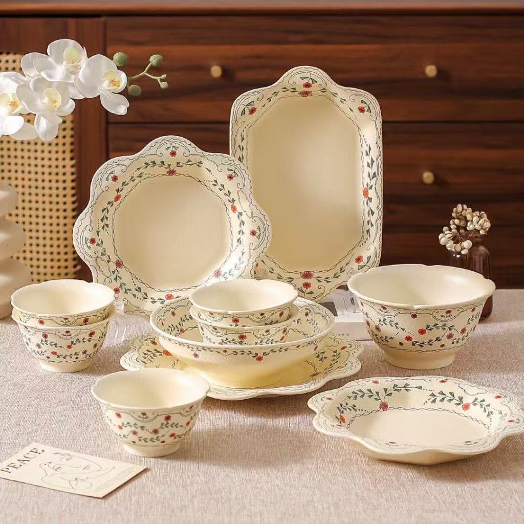 ❤Molly Preferred French Retro Matte Ceramic Tableware High-value Flower Tableware Breakfast Bowl Salad Bowl Dessert Plate Noodle Bowl Flower Bowl Microwave Available