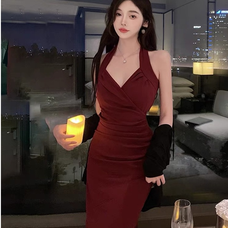 Korean Red Backless Dress - Women's Plus Size Casual Formal with Slit