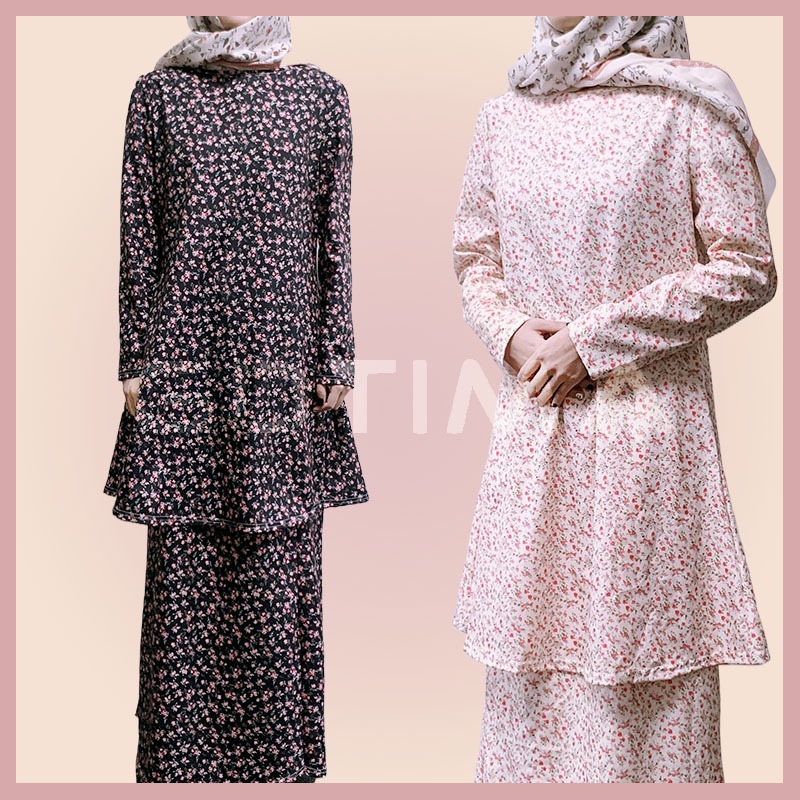 【READY STOCK】 Baju Kurung Modern Flower Muslimah Ironless Floral Suit Kecil Two Piece Set