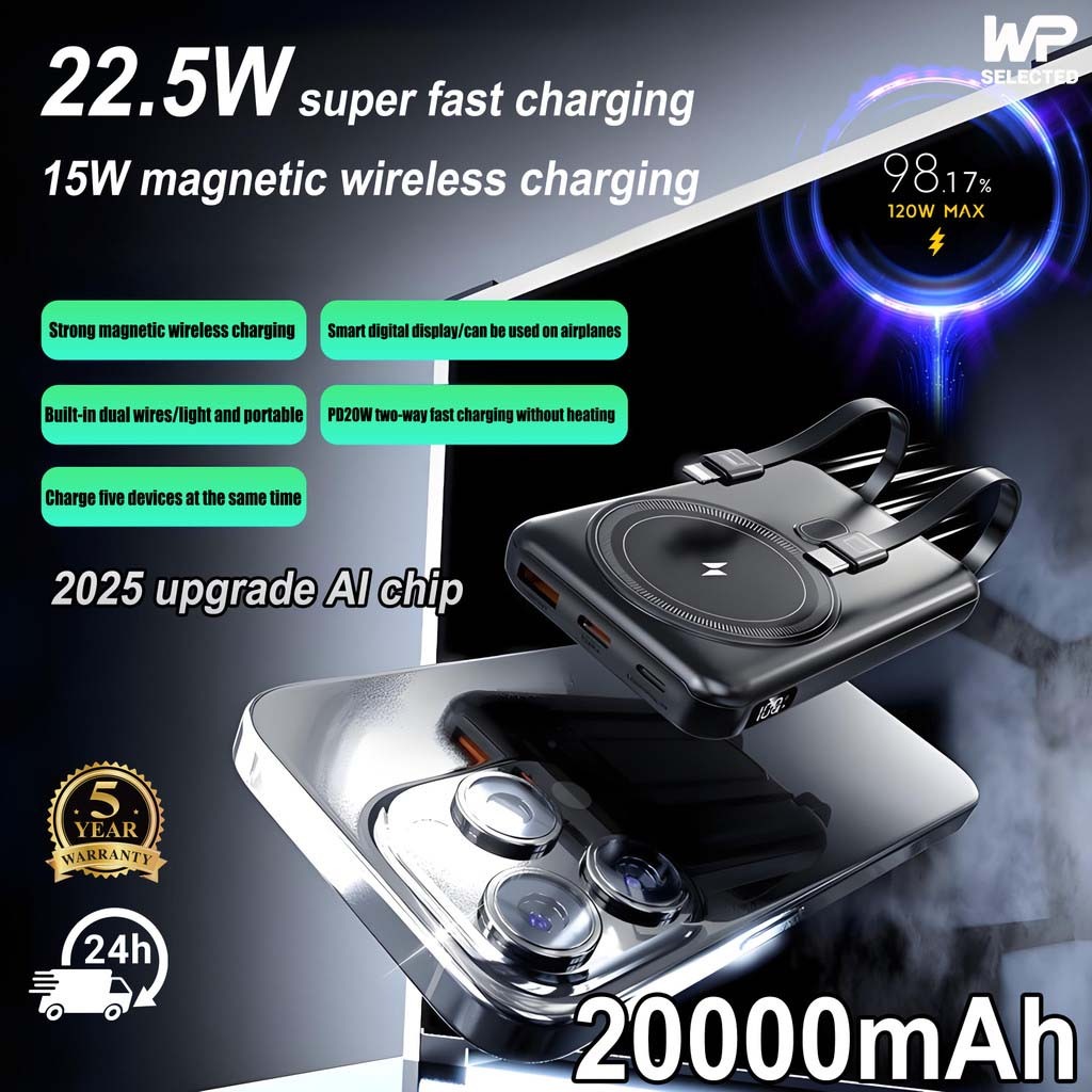 [WP]【3c certification】Wireless Magnetic 3C Powerbank Fast Charging 22.5W Portable Powerbank 20000mAh Built-in doule Cable Capacity Mini Power Bank Type-C USB Charging 充电宝