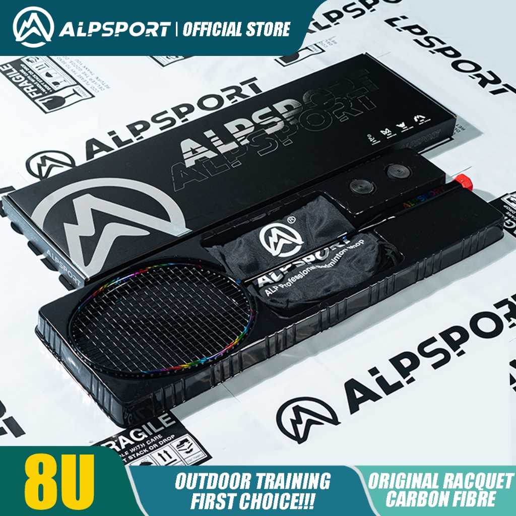 ALP BBQ2.0【Rainbow Frame + Titanium Alloy】8U G5 65g Super Light Original Design Damping Ring 100% Full Carbon Fiber Professional Badminton Racket With Free Gift Box Bag Tied String Ultralight Racquet Sport Reket Black Pink Raket Badminton For Training
