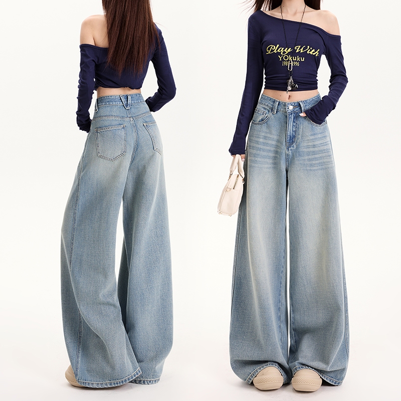 Blue Black Denim Wide Leg Loose High-Waist Casual Jeans