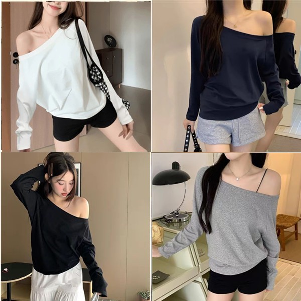 【WJZ】Women's Korean Fashion Solid Color Loose Off-shoulder Design Sexy Long Sleeve T-shirt【6958】