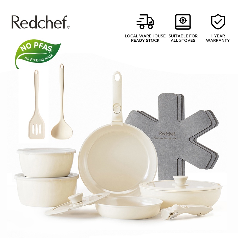 Redchef Nonstick Ceramic Rock Cookware Set Handle Removable (16Pcs) Non Toxic, PFAS& PTFE& PFOA Free Suitable for All Stoves(Gas, Electric & Induction)