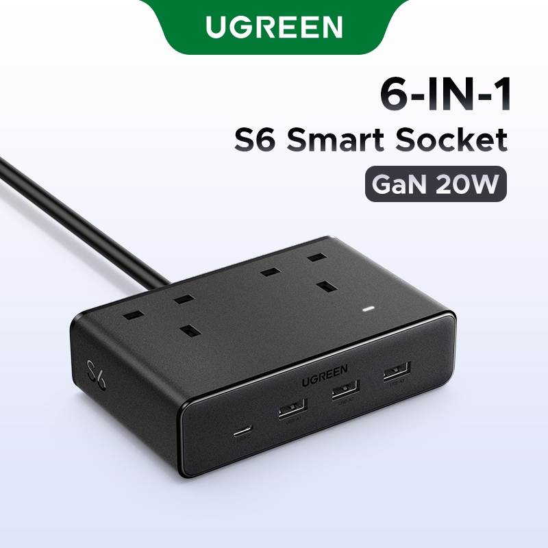 UGREEN S6 GaN20W 6-in 1 Smart Socket Magic Cube Socket USB C+USB A*3 + AC*2 Multi-function Plug-in Board Multi-port Desktop Charging Station for Phone/Tablet/Small appliances
