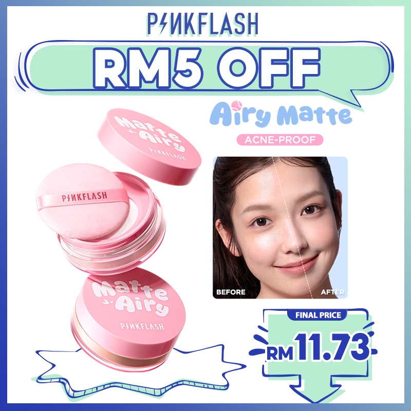 PINKFLASH Airy Matte Acne Proof Loose Powder 16H Oil Control Micro Setting Powder Particles Ultra Pore-Blurring Flashback Proof Sweatproof