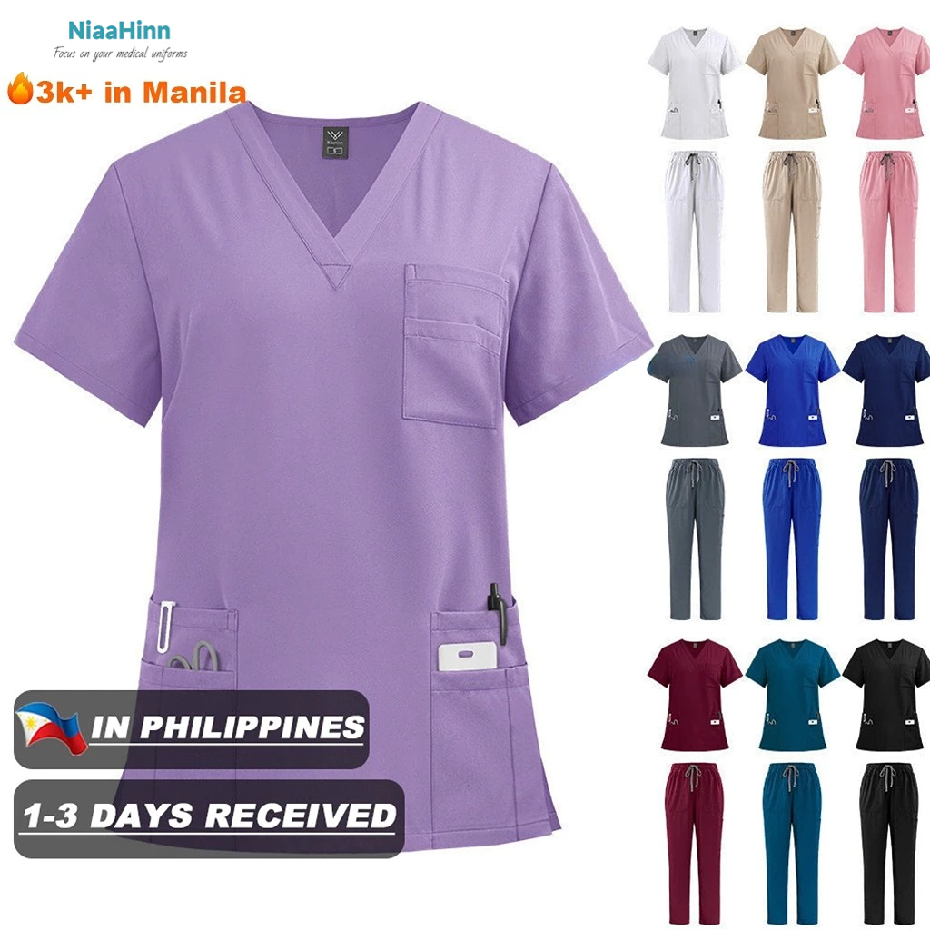 NiaaHinn Fashion Elastic Wrinkle Resistant Breathable Baju Scrub Suit Medical for Woman Men plus size Doctor Nurse Uniform【Short Sleeves V-neck Top+ Straight Cut Pants】
