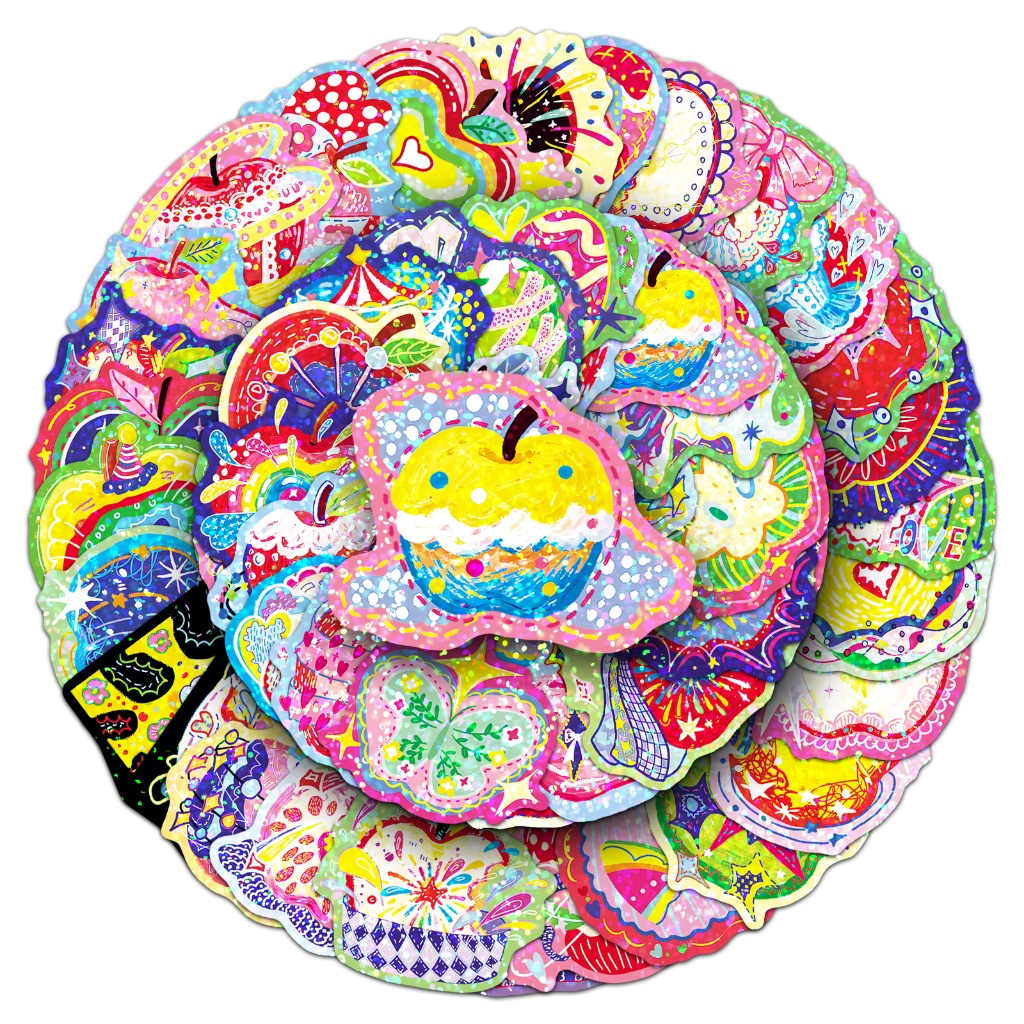 Funny 50pcs Laser Colorful Energy Apple Sticker Waterproof For Tumbler Laptop Phone Case Car Stickers Graffiti Creative DIY