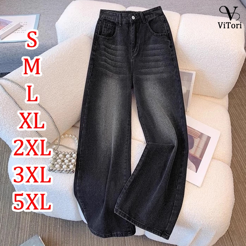 S~5XL seluar perempuan baggy black jeans plus size 裤子 wide leg long pants slim seluar straight cut celana jeans wanita slim fit fashion casual korean pants