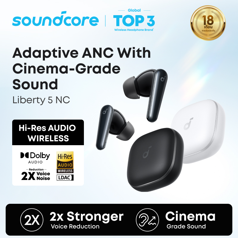 Soundcore by Anker Liberty 5 NC Dolby 3D Bluetooth 5.4, Noise-Cancelling Wireless Earbuds, 2x Stronger Voice Reduction, Real-Time Adaptive Noise Cancellation, Fast Charging, 6-Mic AI Clear Calls, Long Battery Life-A3957