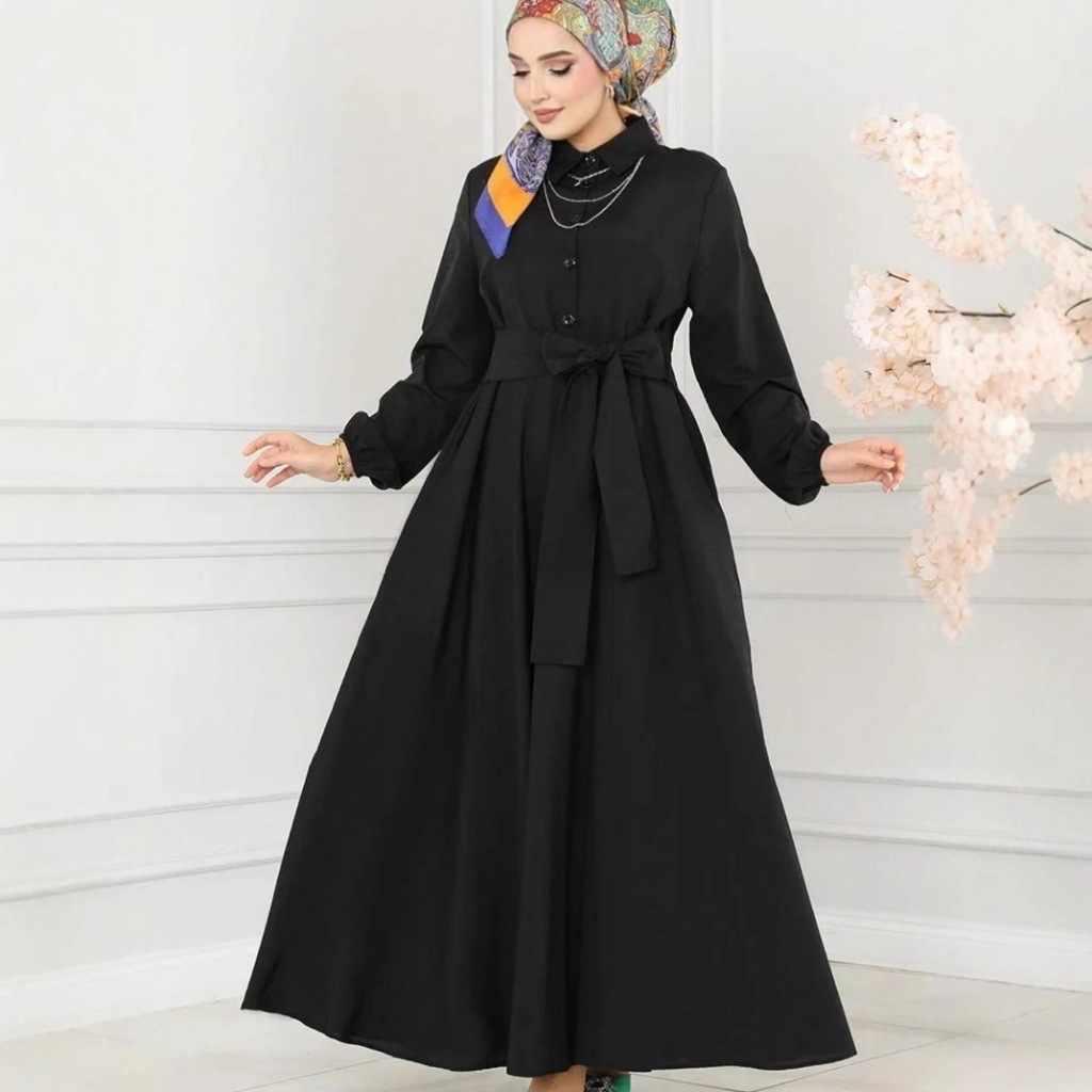 GDTIMA NEW Abaya Dress Baju Raya Viral Jubah Muslimah Turkish Arabic Robe Elegant Dinner Black Color