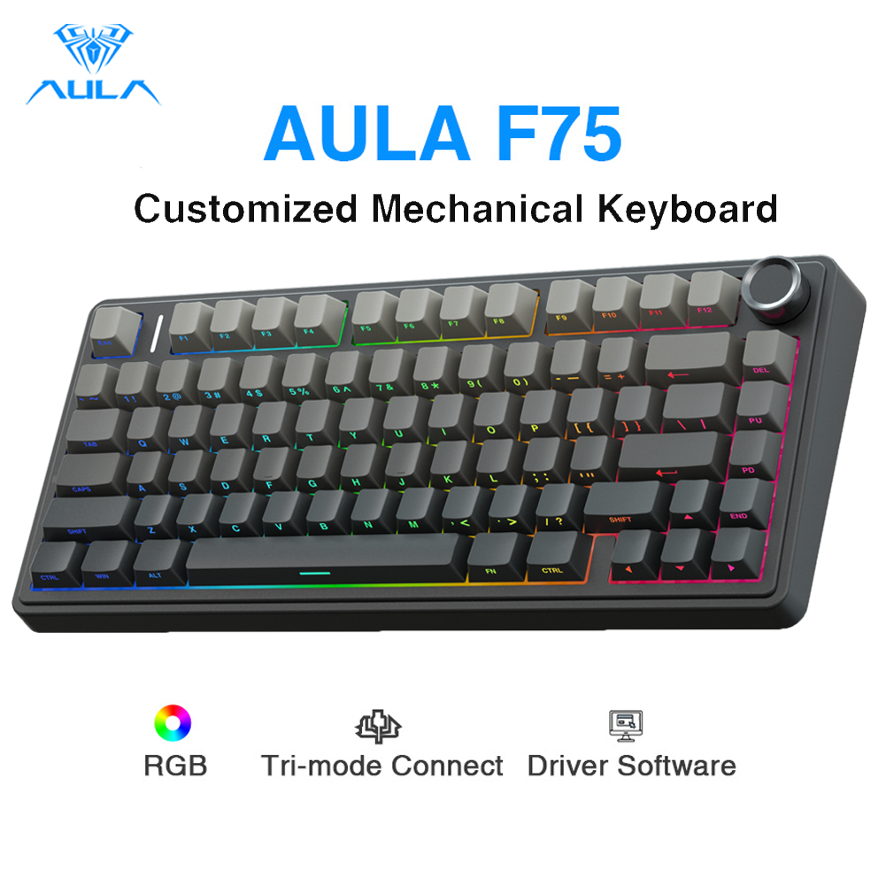 AULA F75 Mechanical Keyboard 75% 80 Key RGB Tri-Mode Wired Bluetooth 2.4G Gasket Structure Hot-swap Gaming Keyboard