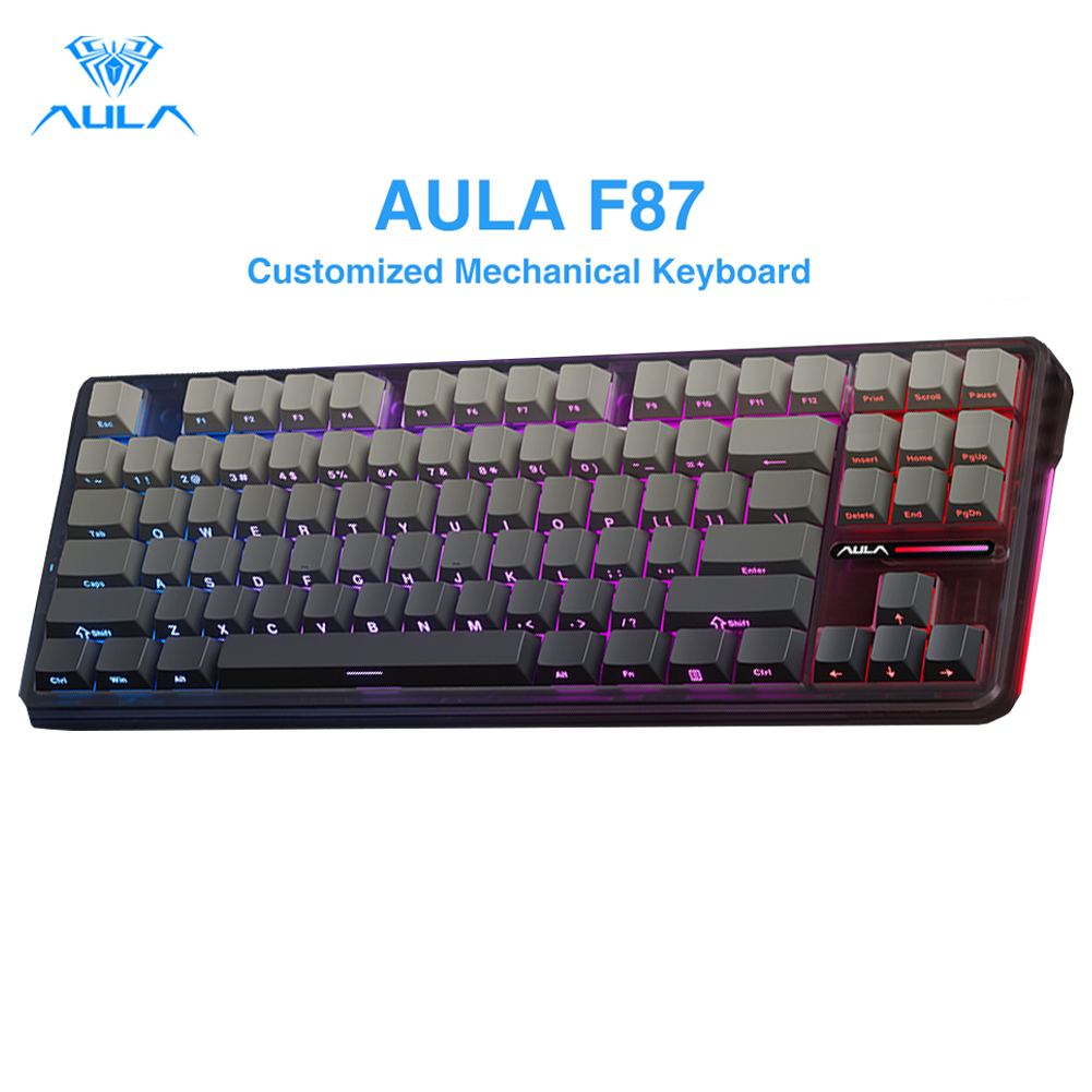 AULA F87 F87pro 87Keys Tri-Mode Mechanical Keyboard RGB Hot-Swap Wireless Customized Keyboard Wired/2.4G/Bluetooth Side Engraved Keycaps Support Driver Software Grey Wood Switch V4