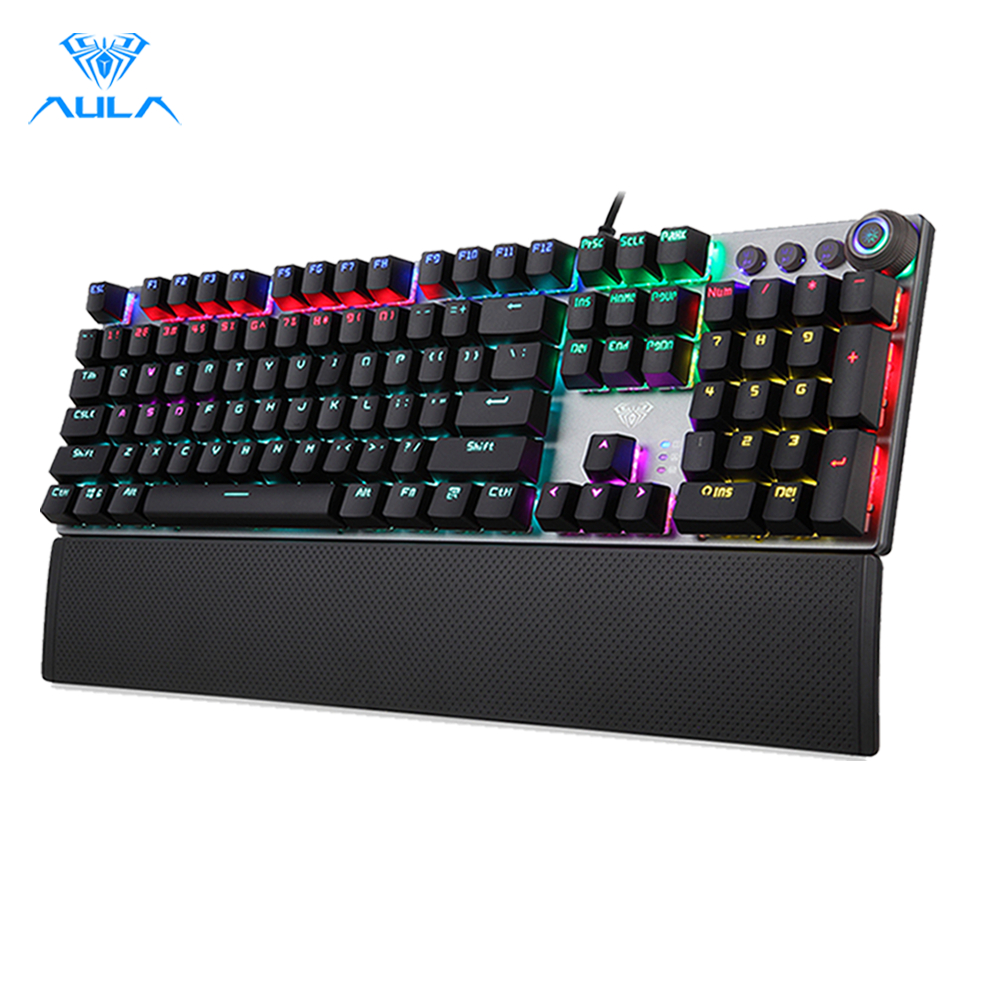 AULA F2088 True Mechanical Gaming Keyboard Wrist Rest Multimedia Knob Marco Programming Metal Panel LED Backlight