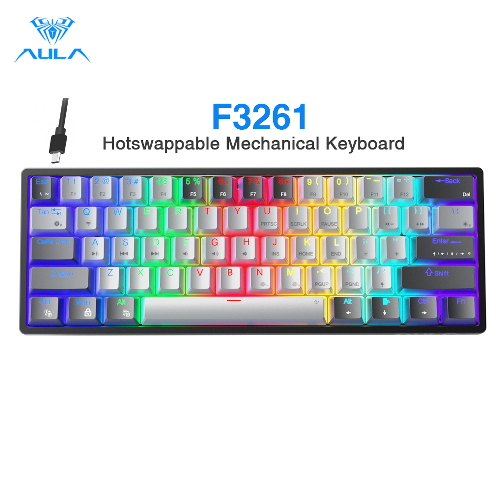 AULA F3261 61 Keys Wired Mechanical Keyboard RGB Hot Swappable Compact Gaming Keyboards LED Backlit Keyboard Type-C Mode