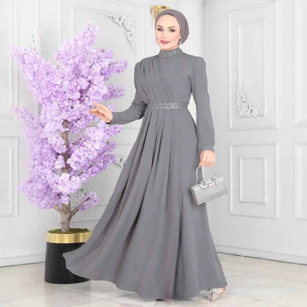 GDTIMA Abaya Dress Turkish Arabic robe Jubah Muslimah Baju Raya Elegant Grey Dinner Dress