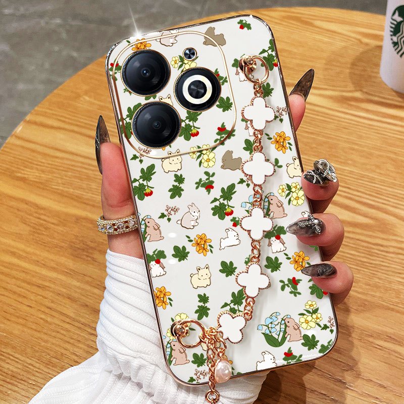 YBD Phone Case For infinix Smart 8 HD Plus Pro ITEL P55 Hot 40i Spark Go 2024 Spark 20 20C POP 8 Heart-Shaped Bracelet with Vintage Garden Rabbit