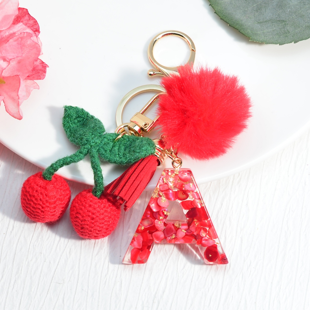 Red Cherry Initial Letters Keychain for Women Plush Ball Elegent Alphabet Fashion Holographic Sequins Backpack Accessory Gift