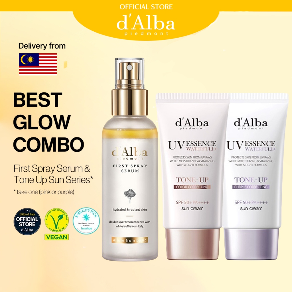 d'Alba Best Glow Combo, White Truffle d alba First Spray Serum 100ml and Waterfull Tone-up Suncream Series sunscreen 50ml (Pink or Purple)