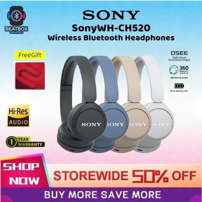 Sony WH-CH520 Wireless BluetoothHeadphones( Ready Stock)|50H BatteryLife | Quick Charge 3min/1.5HLightweight 147g | Built-in Mic | DSEESound | Voice assistant|USB Type-C Charging