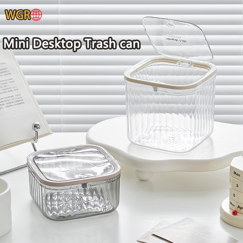 WGro Mini Desktop Trash can Rubbish Bin Press Lid Transparent Small Storage Box Desk Organizer for Home Office Use
