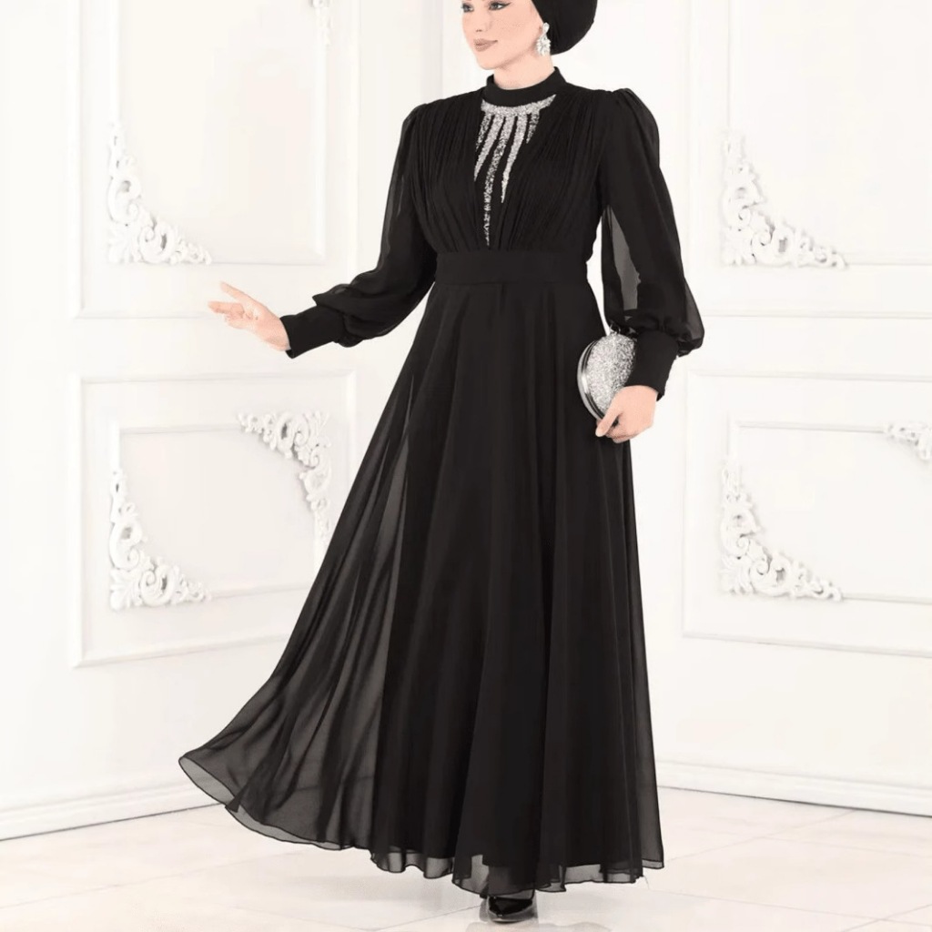 GDTIMA NEW Abaya Dress Baju Raya Jubah Muslimah Turkish Arabic Robe Elegant Black Dinner dress