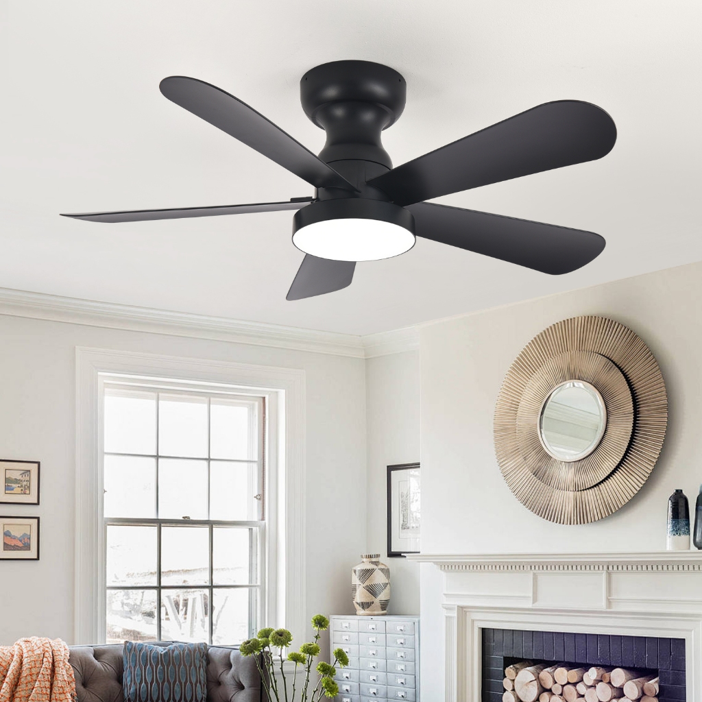 Ceiling Fan with Lights, 5 Blades, 6 Speeds DC Reversible, Dimmable, Flush Mount for Bedroom, Living Room and Garage