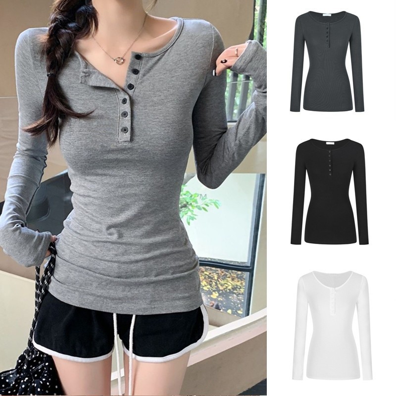 【WJZ】Women's Korean solid color slim fit fashionable button design long sleeve top【6960】