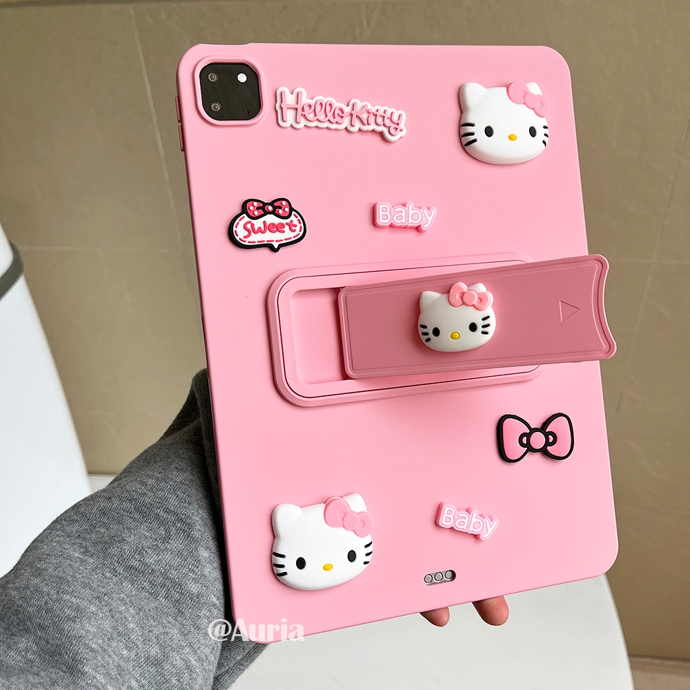【With Foldable Stand】Skin-friendly Soft Silicone Tablet Case With KT Cartoon Stickers For iPad Mini 6 7 9.7 Air 1 2 Gen 5 6 7 8 9 10.2 Inch Pro 11 M4 M5 Gen 10 11 A16 2025 Cover