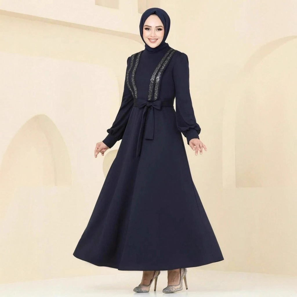 GDTIMA Abaya Dress Baju Raya Jubah Muslimah Turkish Arabic robe Elegant Blue Dinner Daily Eid Party
