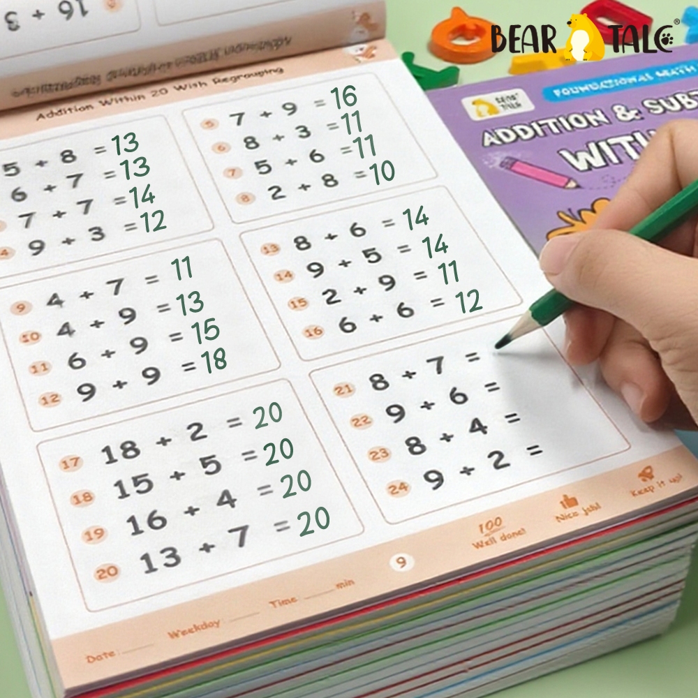 BEAR TALE 64 PCS Kids Math Workbook Addition & Subtraction Practice Books with Stickers Learning