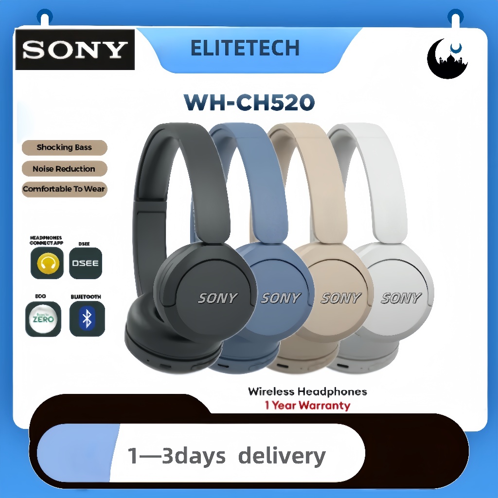 Sony WH-CH520 Wireless Bluetooth Headphones | 50H Battery, Quick Charge 3min=1.5H, DSEE Sound, Multipoint Connect, Built-in Mic | Lightweight 147g for Travel & Commute | Malaysia R