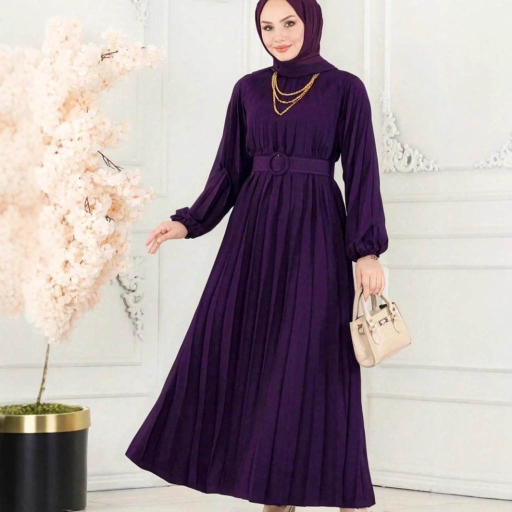 GDTIMA Baju Raya Abaya Dress Jubah Muslimah Chiffon Elegant Purple color Long Dress Ironless