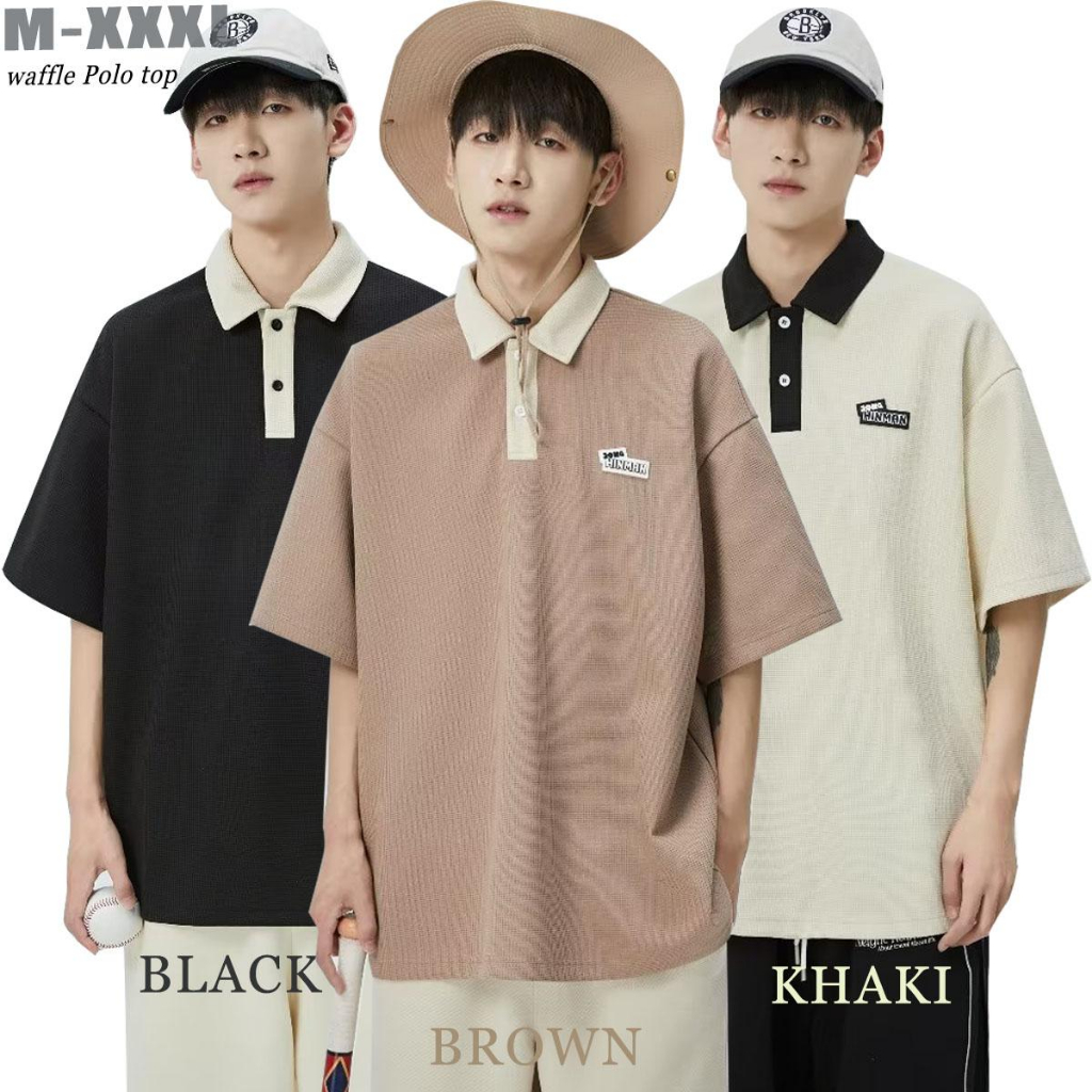 Kemeja Polo Wafel, Gaya Korea, Untuk Lelaki, Kasual dan Longgar, Sesuai untuk Musim Panas, Kolar Polo, Bersaiz Besar, Reka Bentuk Estetik, Baju Sweat Polo
