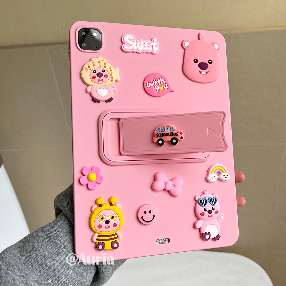【With Foldable Stand】Skin-friendly Soft Silicone White Tablet Case With Beaver Sticker For iPad Mini 6 7 9.7 Air 1 2 Gen 5 6 7 8 9 10.2 Inch Pro 11 M4 M5 Gen 10 11 A16 2025 Cover
