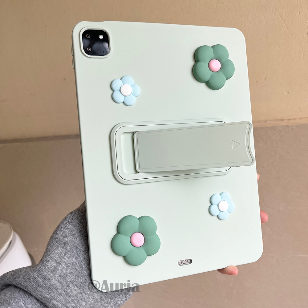 【With Foldable Stand】Skin-friendly Soft Silicone White Tablet Case With Flowers Sticker For iPad Mini 6 7 9.7 Air 1 2 Gen 5 6 7 8 9 10.2 Inch Pro 11 M4 M5 Gen 10 11 A16 2025 Cover