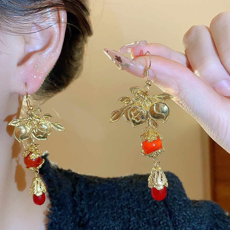 Decorative Pattern Pendant Earrings (Ornate Base + Red Drop Elements) Multi-Layered Dangling Structure Fashion Jewelry