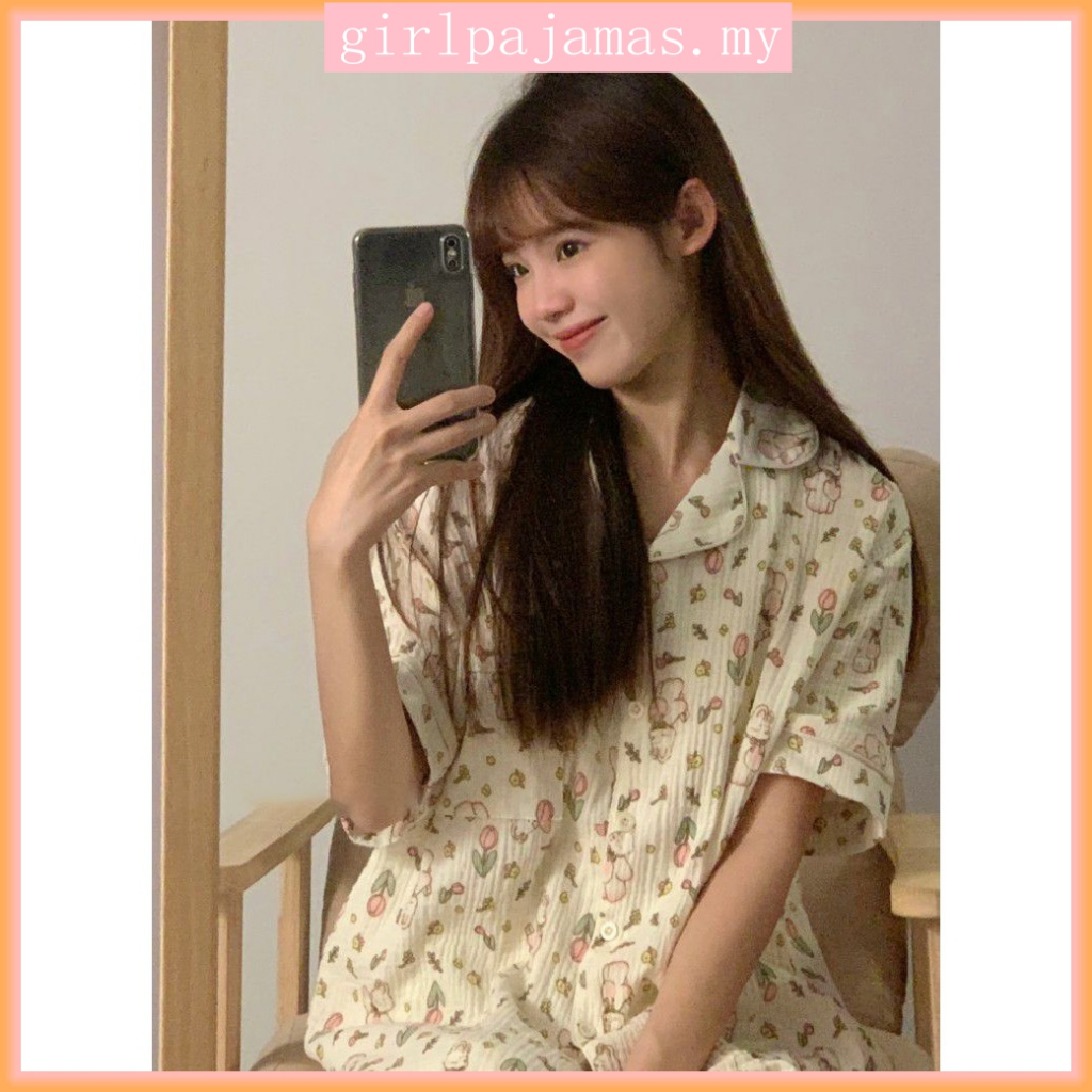 Flower Rabbit Pajamas Women Short-Sleeved Shorts Japanese Cartoon Student Home Clothes Outdoor Wear