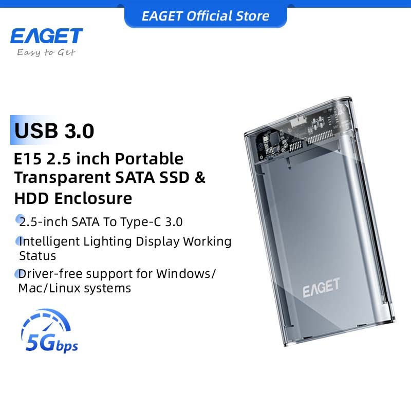 EAGET E15 2.5 inch SATA SSD & HDD Enclosure Portable Transparent With Smart Light Display (5Gbps)