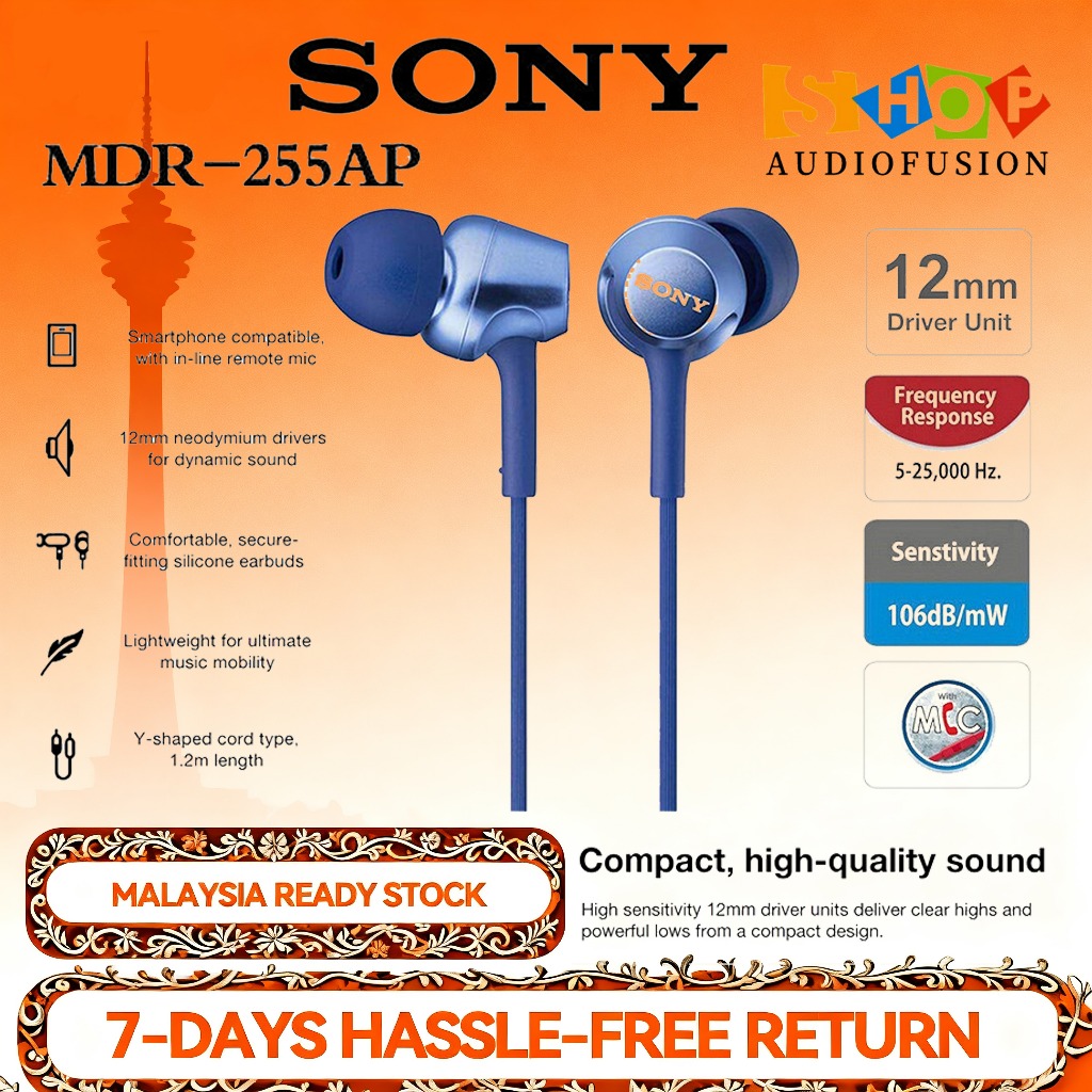 ?HOT SALE?Sony MDR-EX255AP Wired Earphones | 12mm Driver, In-Line Mic, Tangle-Free Cable, 4 Size Earpads | for Smartphone, Music、3.5mm Jack | Tangle-Free Cable & 4 Ear Tips、 Wired Earbuds with Mic【Rea