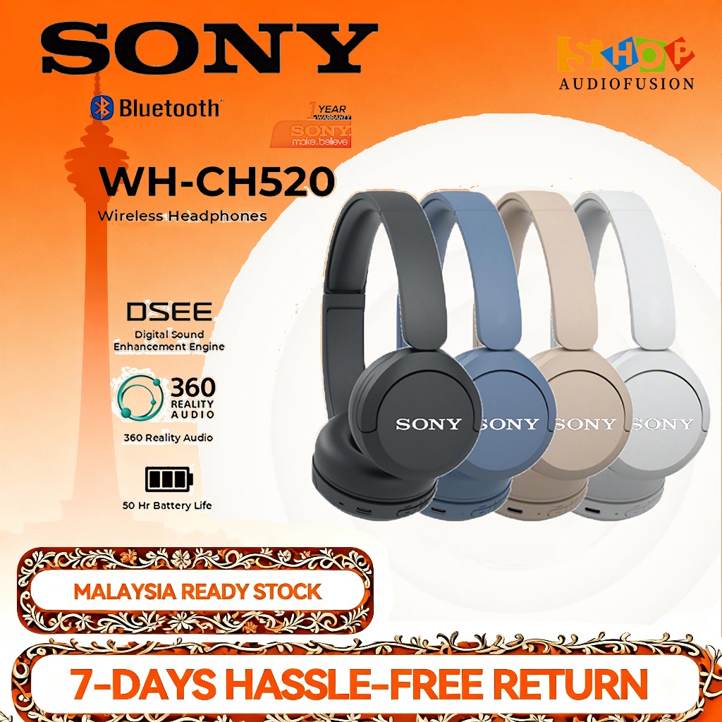 Sony WH-CH520 Wireless On-Ear Bluetooth Headphones 50H Battery Quick Charge 3min=1.5H DSEE Sound 147g Malaysia Warranty Ready Stock