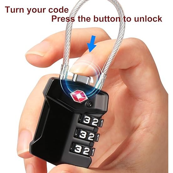 MY Stock TSA Travel Padlock 3-Digit Combination Padlock Durable Zinc Alloy & Steel Wire Lock – Travel luggage, Gym Lockers, Backpacks, Storage Boxes & Camp Gear 钢丝密码锁 海关锁