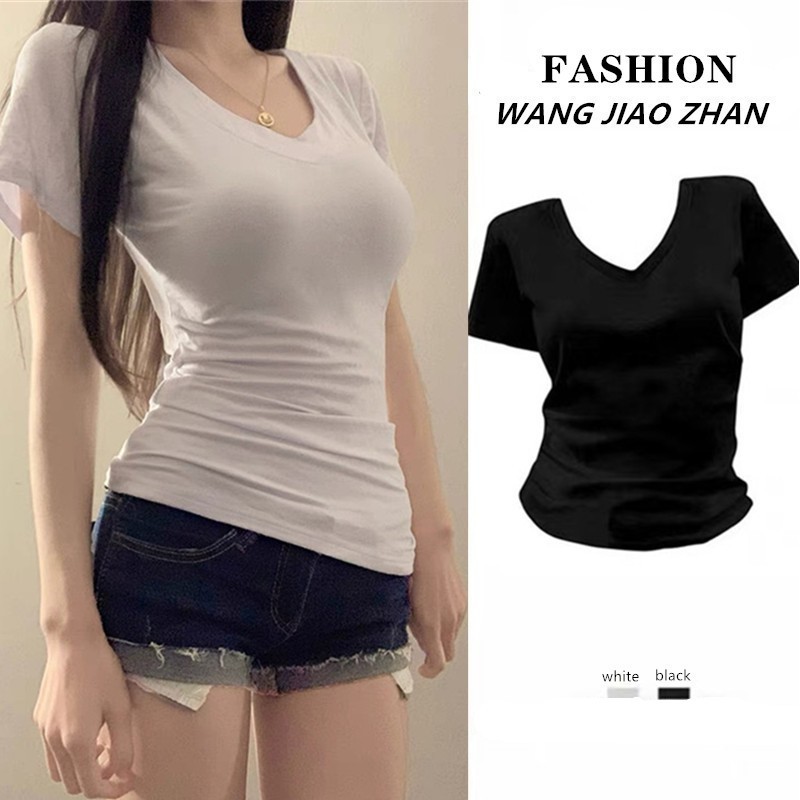 【WJZ】Women's Korean Summer Solid Color V-Neck Slim Short Sleeve T-Shirt【B888】