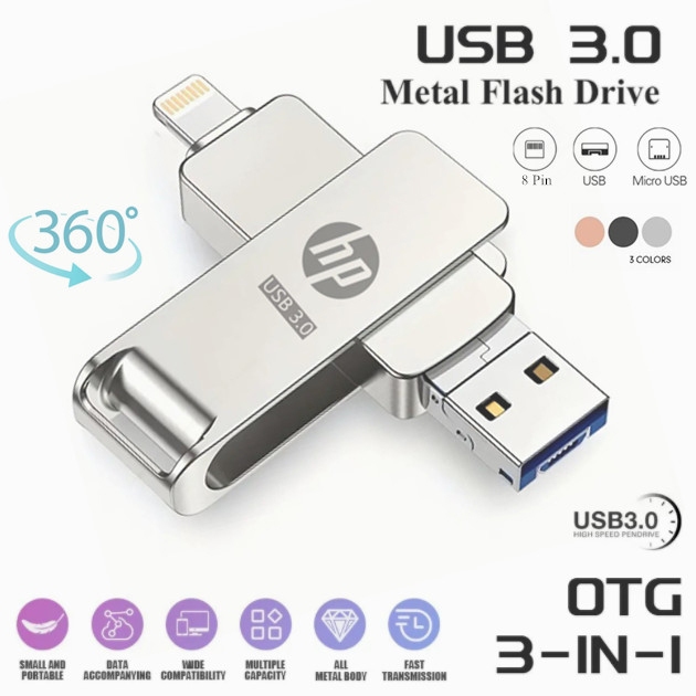 HP Pendrive 3 in 1 High Speed Rotating Usb Flash Drive 1TB iXpand Drive 512GB Thumb Pendrive For iPhone Pendrive Storage
