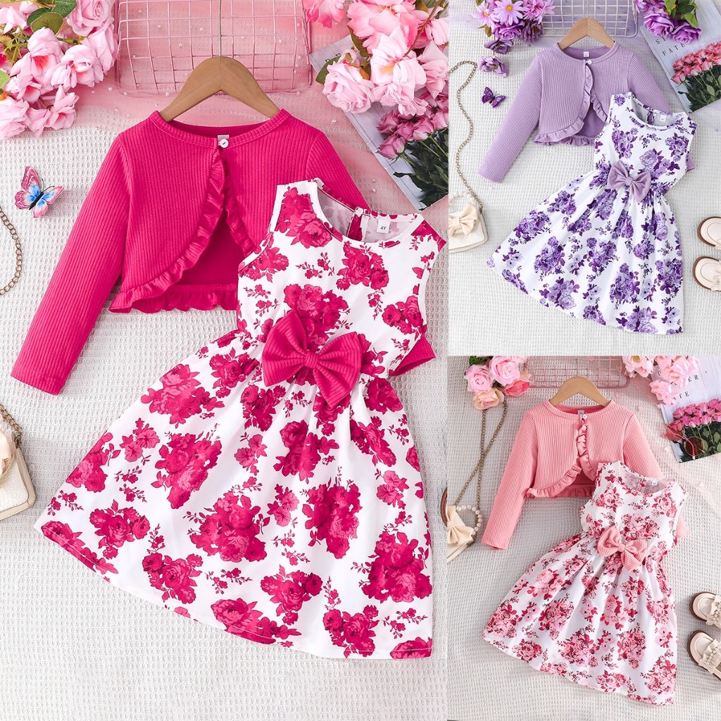 Malaysia Stock Fast Ship Kids Girls 2-8 Years 2Pcs Set Long Sleeve Cardigan + Sleeveless Floral Dress Multi Color Purple Pink Magenta Baju Raya Budak Perempuan Birthday Party Outfit