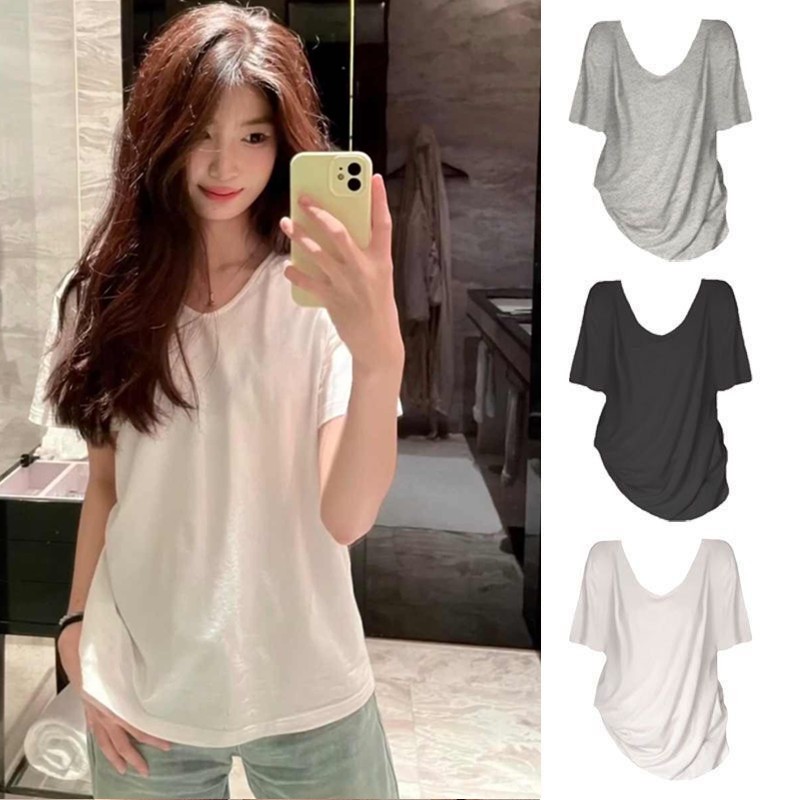 【WJZ】Women's Korean Solid Color Loose v-Neck Short-Sleeved T-Shirt【P11】